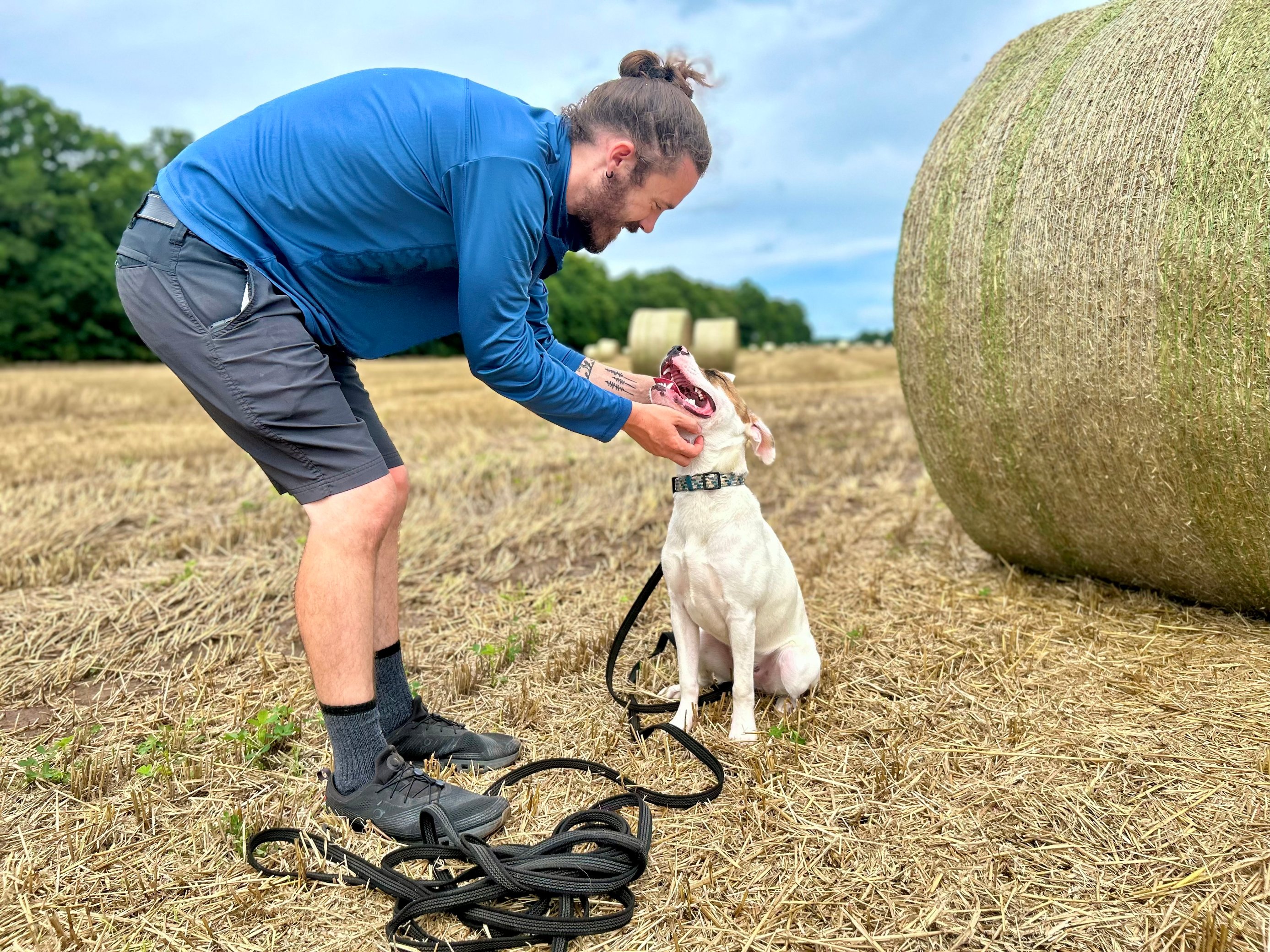 Brett guiding a white-and-brown dog beside hay bales in a field